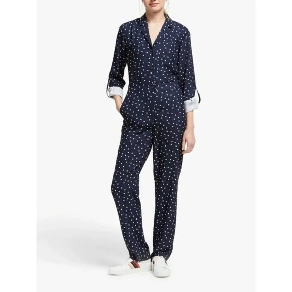 Boden Tillie Navy Blue Polka Dot Jumpsuit Long Sleeve Button Size 4 R US - Picture 2 of 7